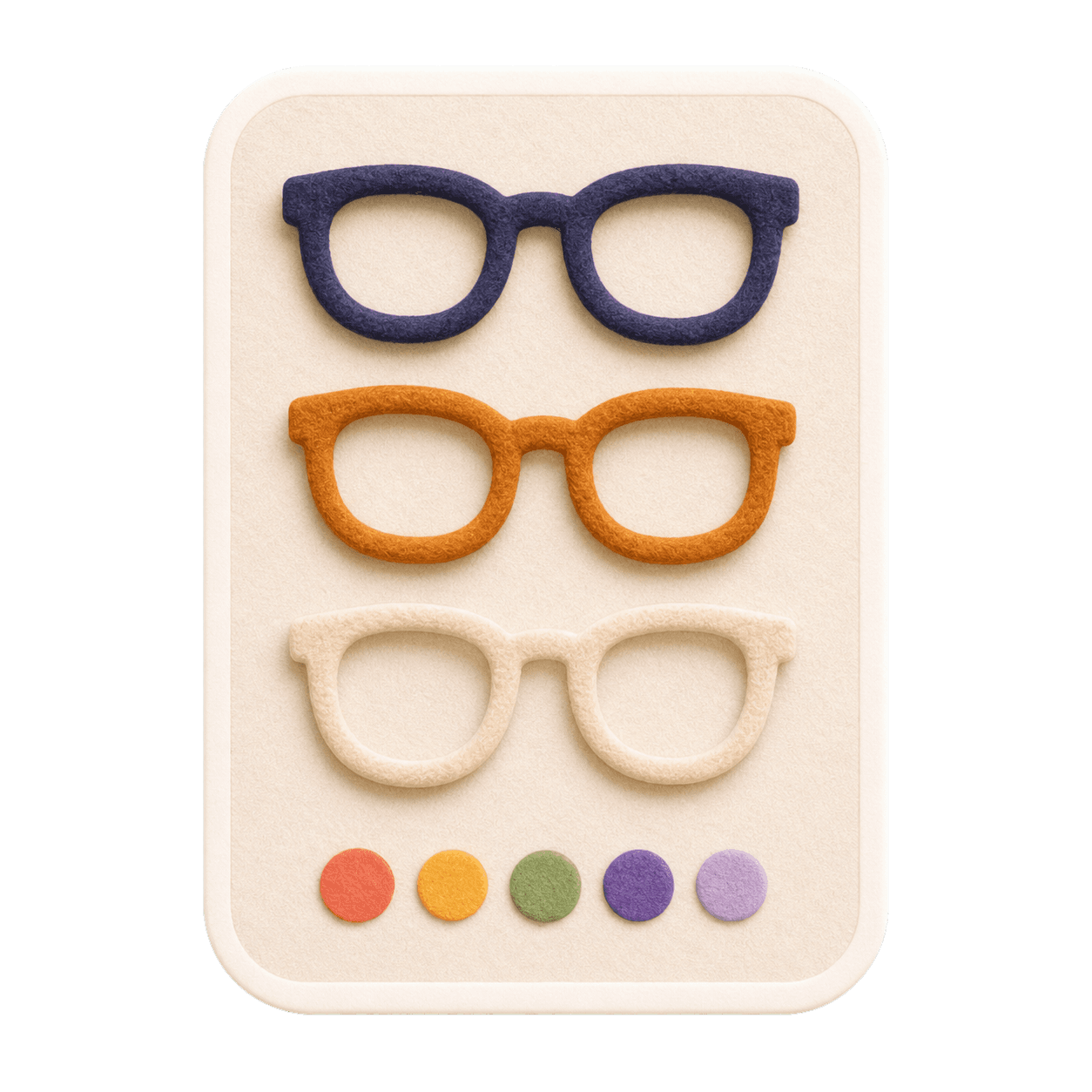 Tactile glasses style card with navy, amber, and cream frames.