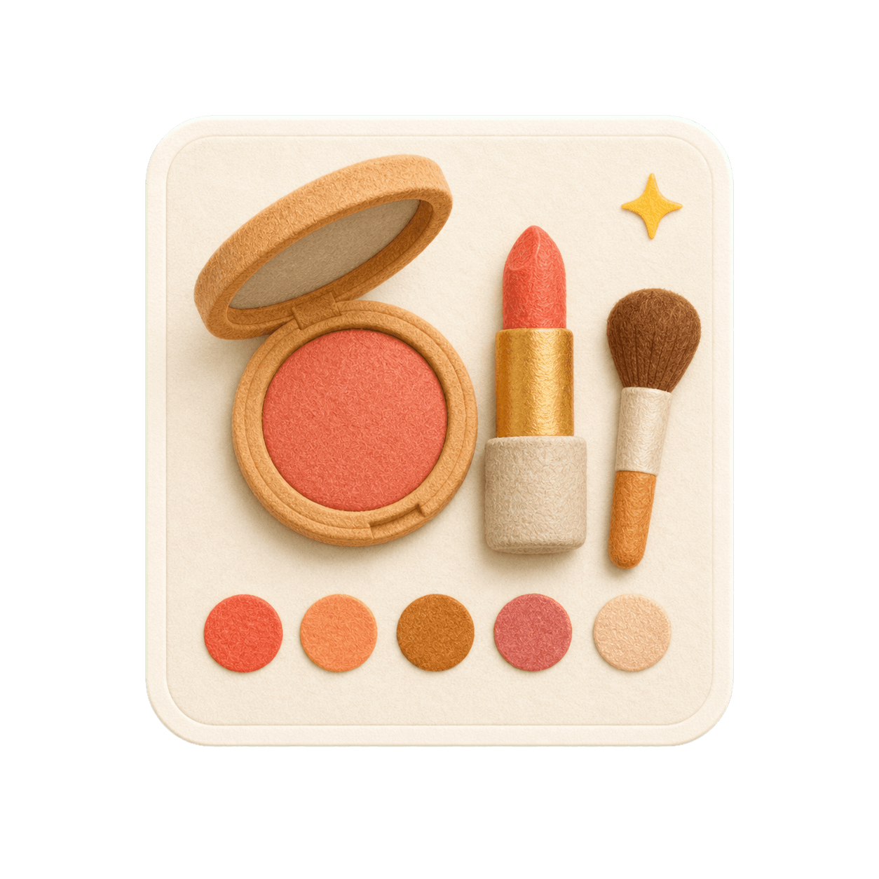 Tactile makeup style card with blush, lipstick, brush, and warm swatches.